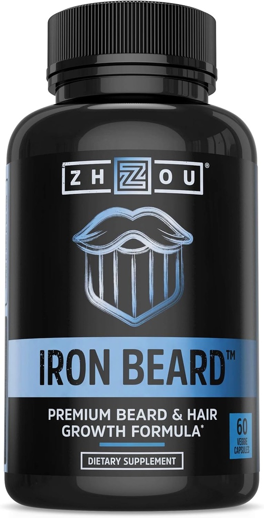 Zhou Iron Beard - Beard Growth Vitamin Mænd, Premium Biotin, Saw Palmetto & B Vitamin piller til støtte for ansigtshår, skæg pleje supplement til fuld skæg - 60 Veggie kapsler