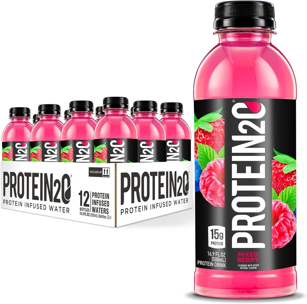 Protein2o 15g Whey Protein Isolate Infured Water Plus Electrolytes, Sugar Free Sports Drink, Klar til at drikke, Gluten Free, Lactose Free, Mixed Berry, 16,9 fl oz Flaske (12 Greve)