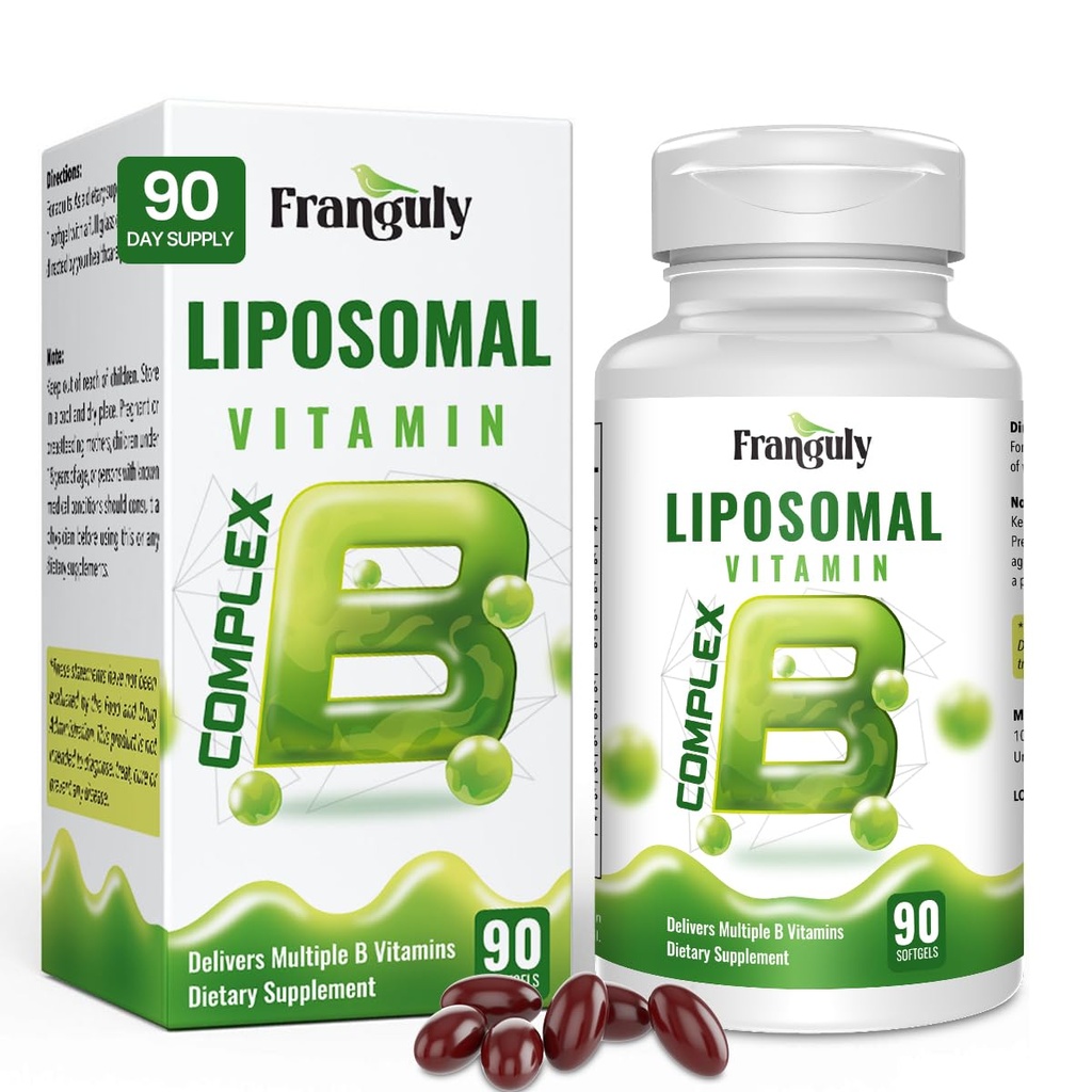 Liposomal B Complex designet til høj absorption B vitaminer med Cholin Inositol vitamin B1, B2, B3, B5, B6, biotin, folat, Metyleret B12- immunforsvar, energi, hjerne hjerte Support 90 Softgels