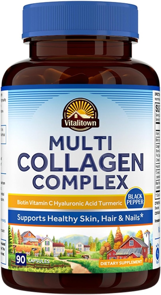 Vitalitown Multi Collagen Complex, Type I, II, III med biotin, C-vitamin, hyaluronsyre, gurkemeje, sort peber til hud, hår, negle, 90 kapsler, non-GMO