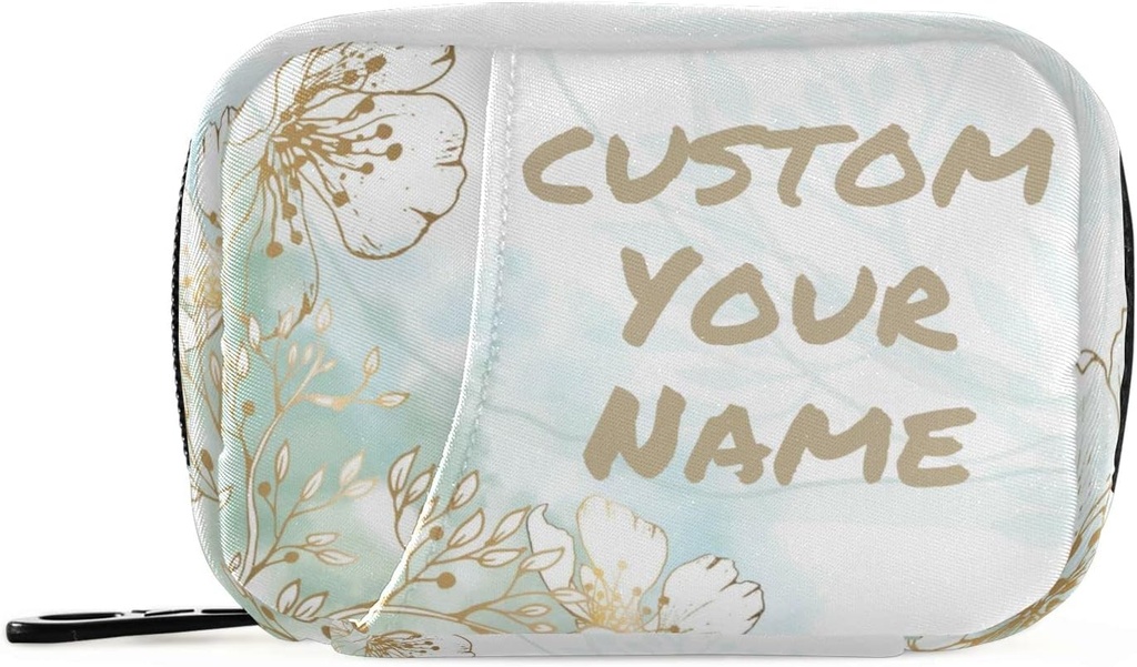Custom Pill Box 7 Day Pill Case Bag Golden Flowers Personaliseret Navn Rejsepille Organizer taske med lynlås Portable Ugentlige sag Kompakt størrelse for Vitamin Supplement Holder