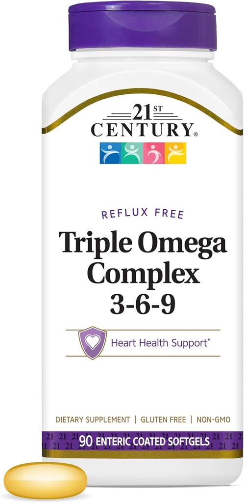 21. århundrede Vitaminer Enteric Overtrukket Triple Omega Complex 3-6-9, Reflux Free 90 Softgels, MTC22874X5