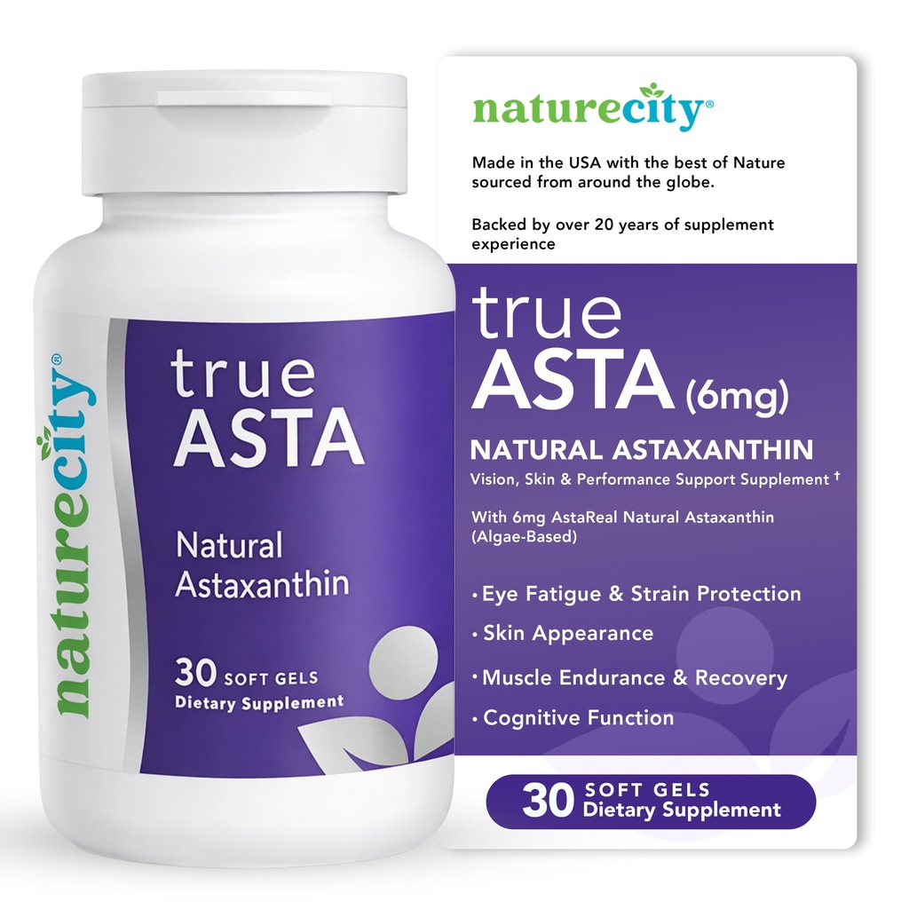 NatureCity TrueAsta 6 mg Astaxanthin Supplement med AstaReal Note 124; understøtter øje, hud, joints, muskler, hjerne & blodgennemstrømning124; Alger baseret antioxidant Supplement 124; Non- GMO, gluten fri