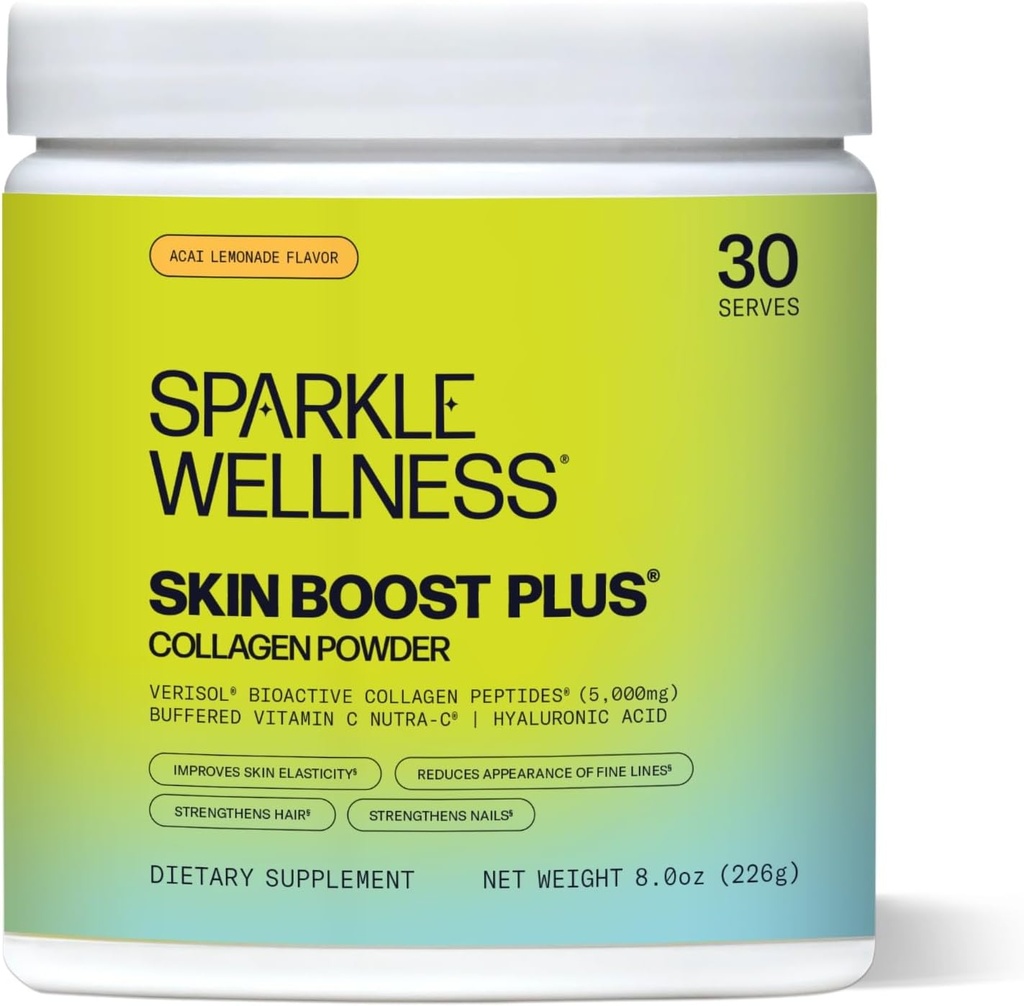 Sparkle Wellness VERISOL Bioactive Hydrolyzed Collagen Peptider Mex124; Collagen Powder med C-vitamin & Hyaluronsyre til hår, hud, og nail sundhed Mex124; Skin Boost Plus (Acai Lemonade) [30- Serves]