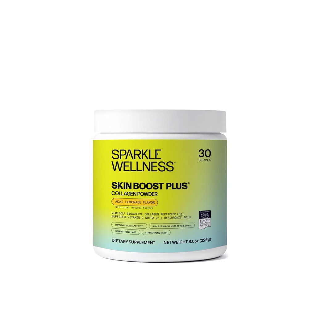Sparkle Wellness VERISOL Bioactive Hydrolyzed Collagen Peptides | Collagen Powder with Vitamin C & Hyaluronic Acid for Hair, Skin, and Nail Health | Skin Boost Plus (Acai Lemonade) [30-Serves]