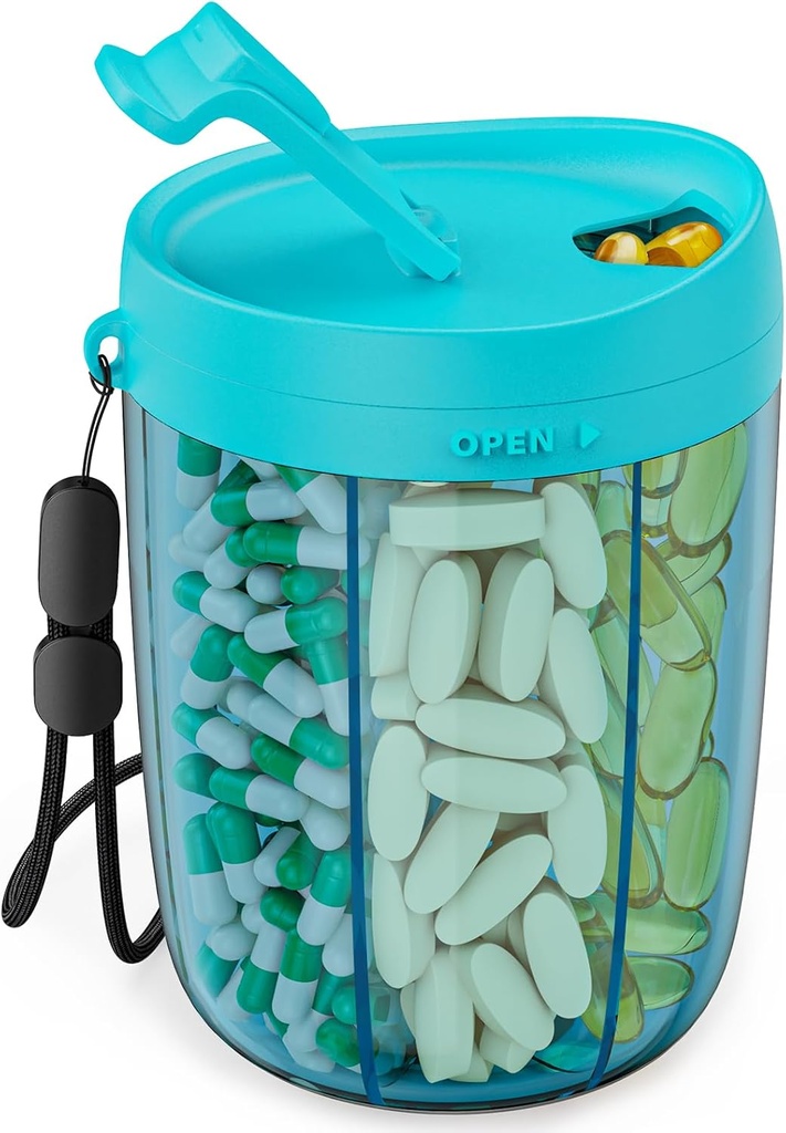 PULIV Stor pilleflaske Organizer, supplement Organizer til Holding 6 Forskellige vitaminer, Pill Box sag med anti-blanding & bred åbning Design, let at hente medicin og 20 Pcs Stick- på etiketter, blå