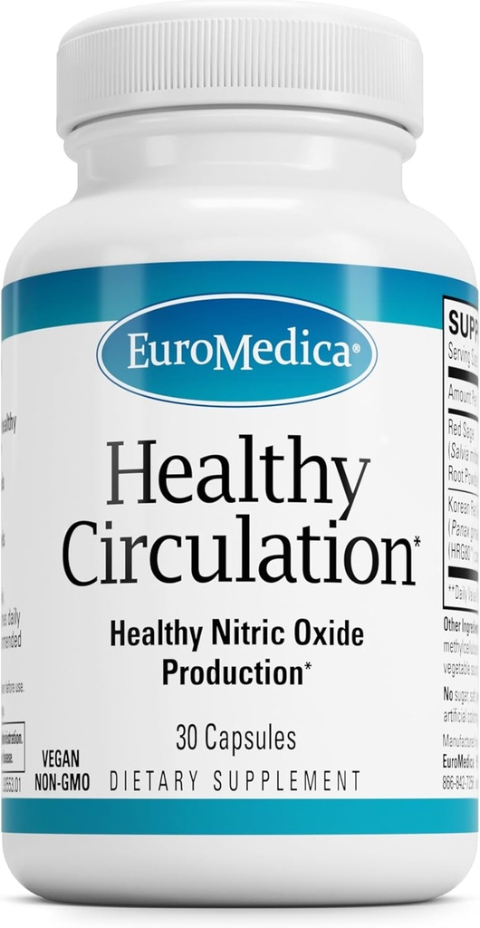 EuroMedica sund cirkulation - Kosttilskud til sund cirkulation - Sund blodgennemstrømning & hjertefunktion Støtte - Non-GMO & Vegan kapsler - 30 kapsler (30 Servere)
