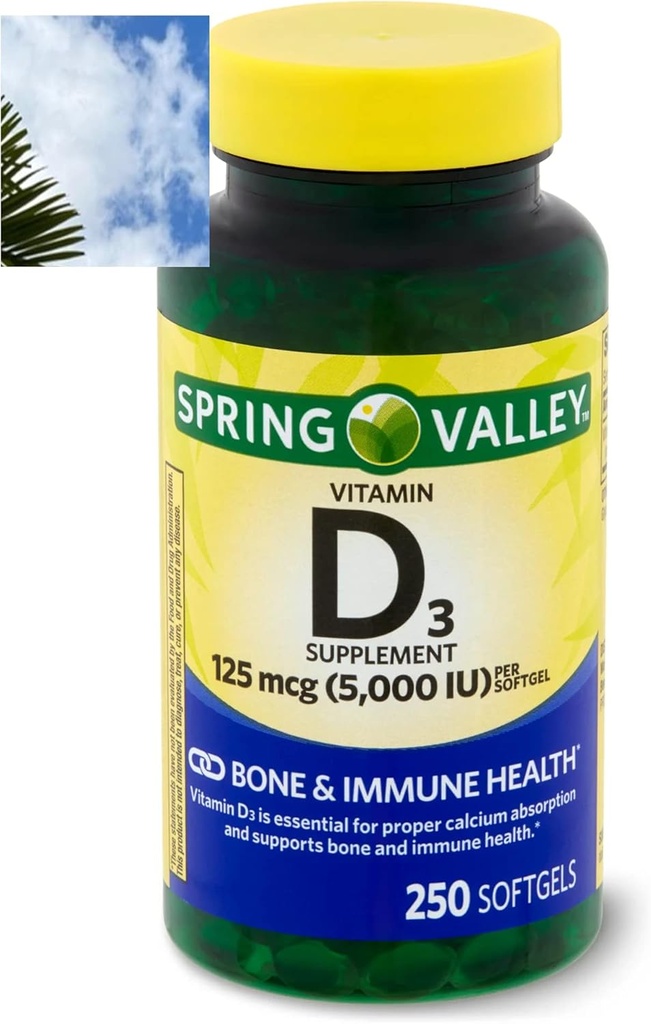 Spring Valley Vitamin D3 Softgels, 125 mcg per Softgel, 5000 IE, 250 Count