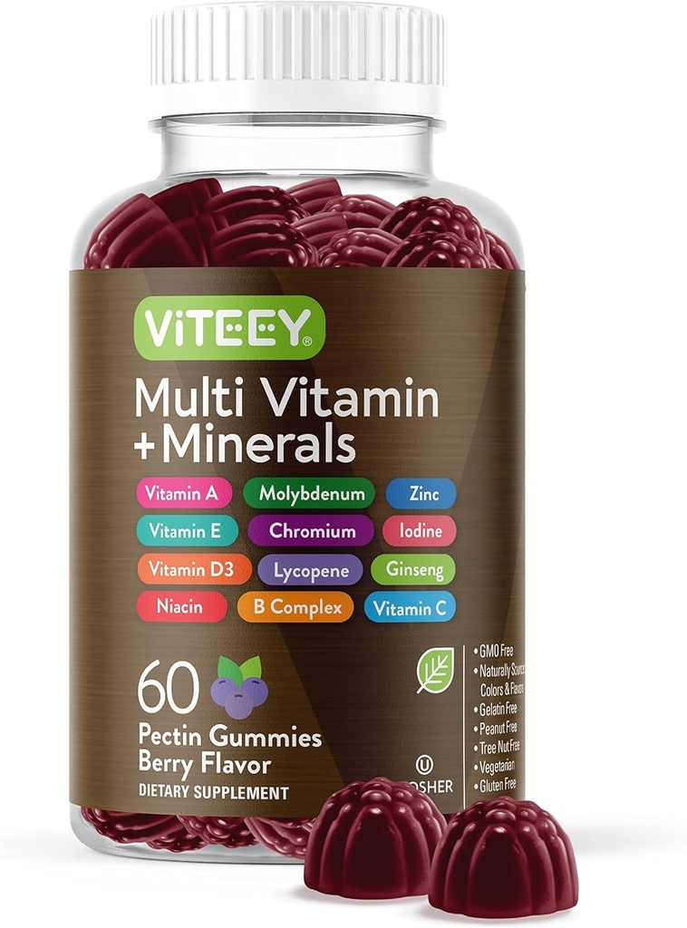 Multivitamin Gummies Vitaminer for voksne & Teens - immunforsvar Gummies - 12 Daglige Vitaminer & Mineraler med C-vitamin, D3, E, A, Zink & Mere - Vegetarisk, Gluten Free - Chewable Berry Flavored Gummy