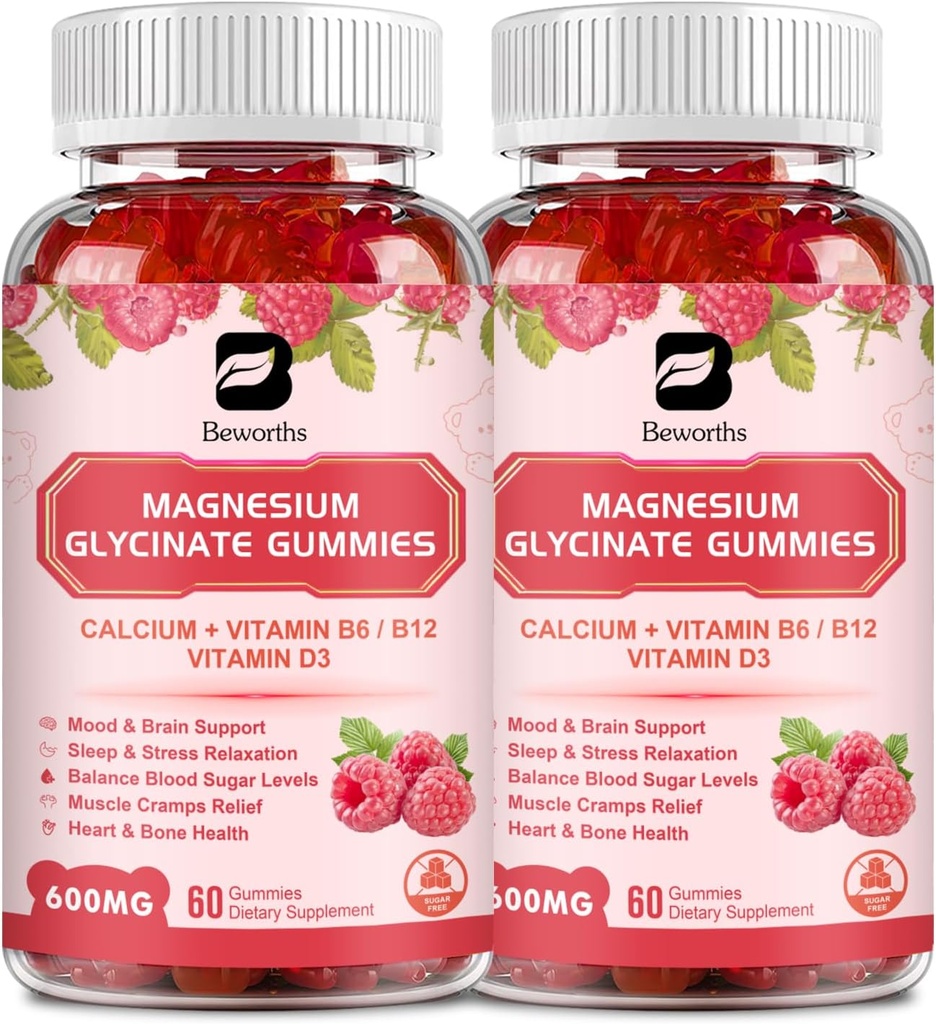 (2 Pack) 600 Mg Magnesium Glycinate Gummies, Magnesium Supplement Complex Magnesium Malat, Magnesium Citrate & Kalium, Understøtter Nat & Fælles, Energi Boost, Vegan & 0- Sukker, Hindbær 120 Count