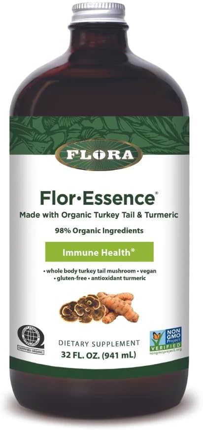 Flora Health Flor- Essence med Tyrkiet Tail & Gurkemeje, Rich in Polysaccharides, 35 + Phenolforbindelser med antioxidanter og Immunity Support, 32-fl. oz. Glasflaske