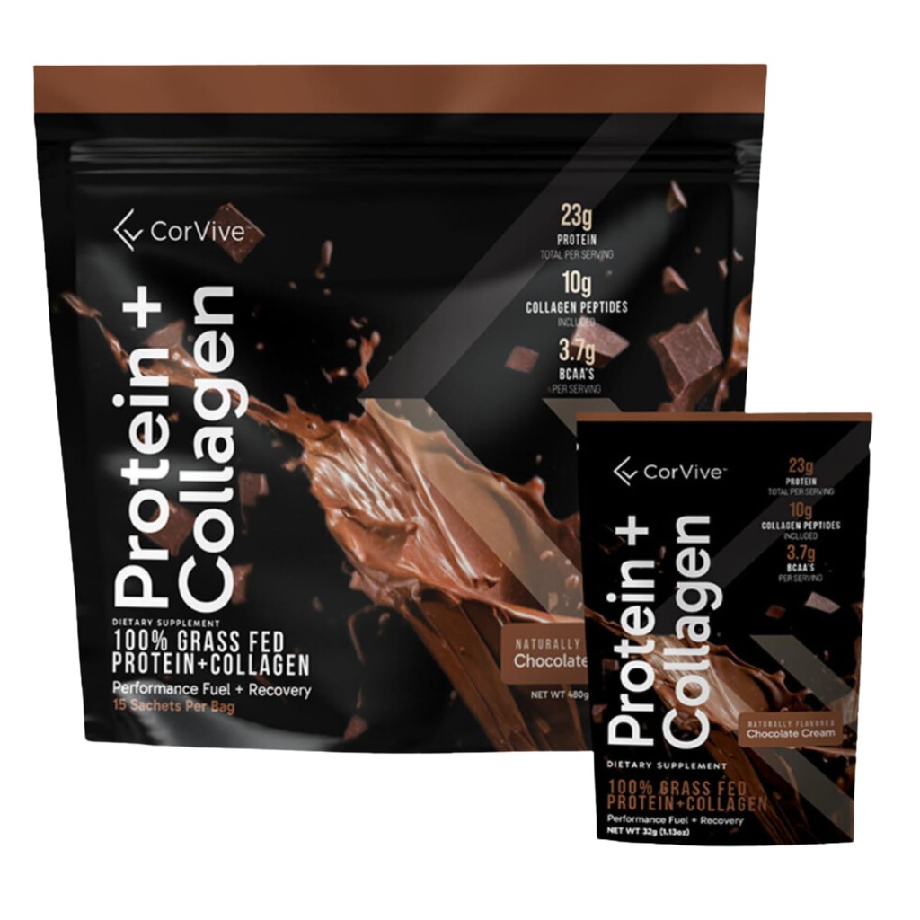Protein + Collagen Pulver • 124; 23g Protein (Grass- Fed Whey + Collagen) • 124; 3,7g BCAAs • 124; Understøtter muskel & fælles sundhed • 124; Gluten & Soy Free • 124; Ingen kunstige ingredienser • 124; 15 Sachets - Chokolade