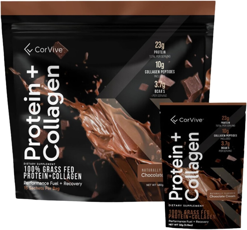 Protein + Collagen Pulver • 124; 23g Protein (Grass- Fed Whey + Collagen) • 124; 3,7g BCAAs • 124; Understøtter muskel & fælles sundhed • 124; Gluten & Soy Free • 124; Ingen kunstige ingredienser • 124; 15 Sachets - Chokolade