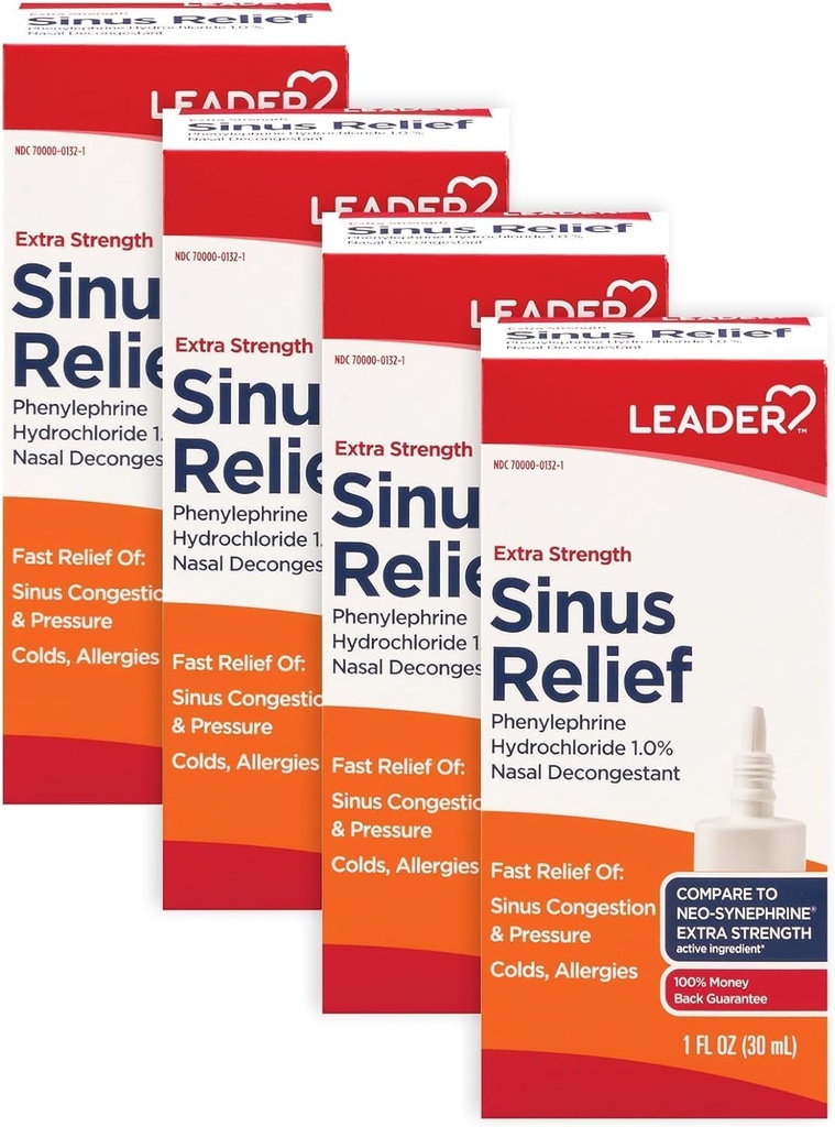 Leader Extra Strength Sinus Relief, Fast Actioning, Sinus Decongestant, Nasal Congestion Relief Spray, Cold & Allergy 30 ml flaske (pakning med 4)