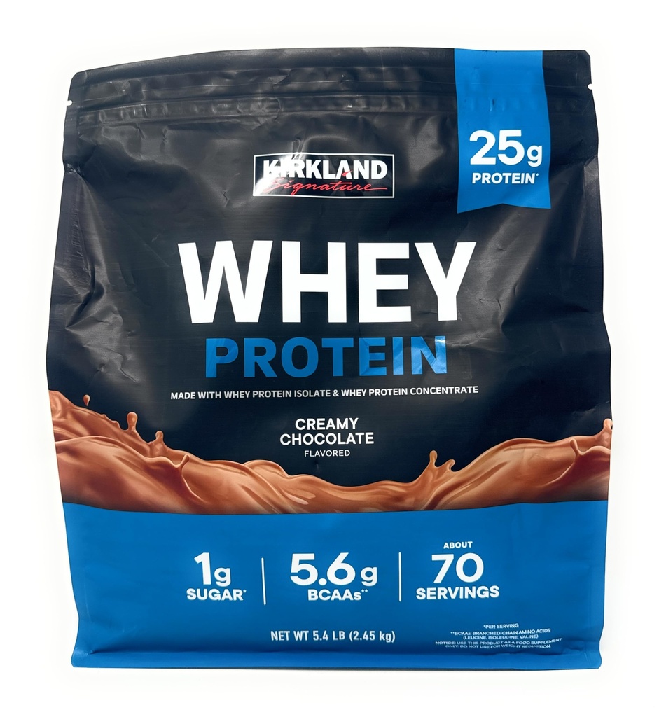 Kirkland Signature Whey 25g Protein, 1g sukker, 5,6g BCAA, omkring 70 Servere Creamy Chokolade Flavorted
