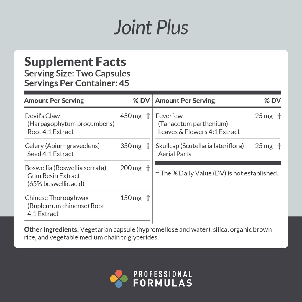 Professionel Formulas Joint Plus - Støtte til sund fælles funktion, Muskler, og mobilitet med Djævelens Claw, Boswellia, Feverfew & Skullcap - Vegetar, Gluten Free, Hypoallergen, 90 Kapsler