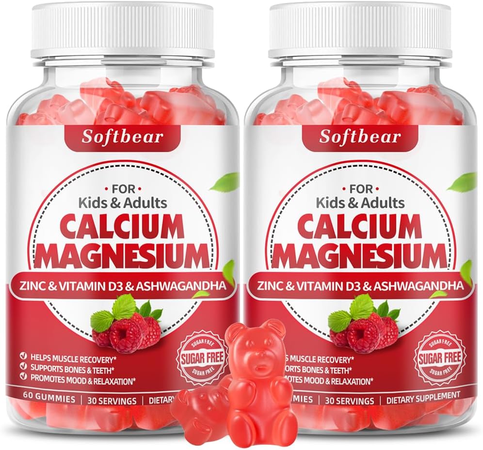 softbear Calcium Magnesium Zinc Gummies for Adult & Kids, Suagr-Free Calcium Magnesium Zinc D3 Supplement for Bone Strength & Immune Health, Raspberry Flavor 120 Count