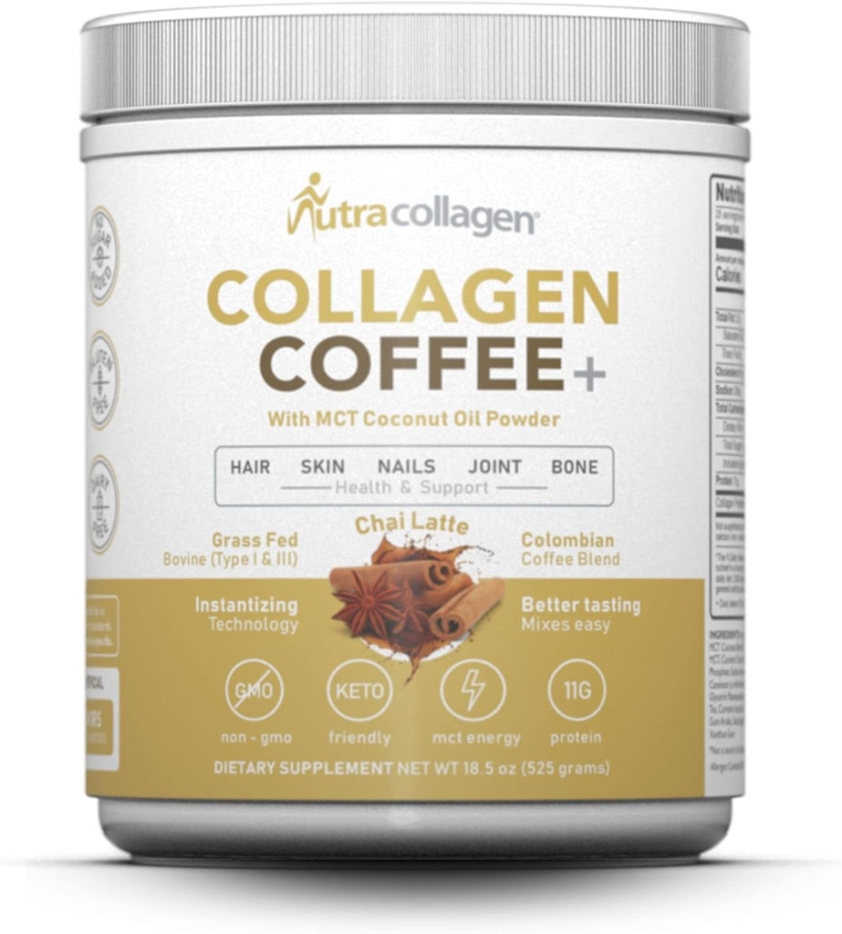 NETRACOLAGEN Protein Powder Kombineret med Premium Columbian Coffee; Grass- Fed, Non GMO, 12g Peptider, MCT Kokosolie Powder, Soy Free, Gluten Free, Sugar Free, 40mg Caff / Srving; Chai Latte 25 Srvg