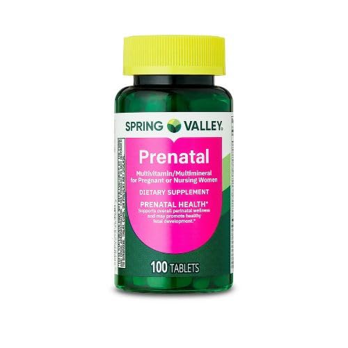 Spring Valley Prenatal Multivitamin / Multimineral til gravide og ammende kvinder Kosttilskud tabletter, 100 Grev + Sticker, Dri Store.