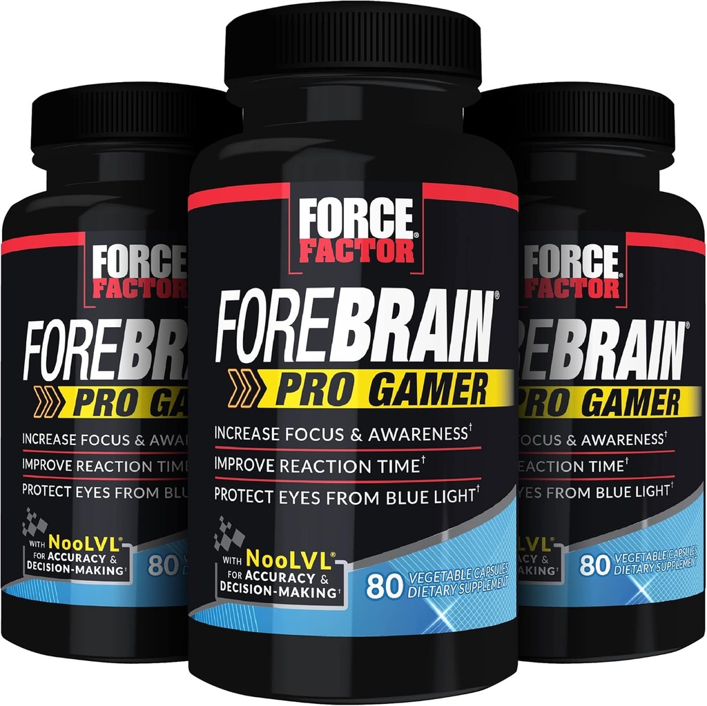 FORCE FACTOR Forbrain Pro Gamer Brain Booster, Gamer Supps to Øge Fokus & Bevidsthed, Blå Lys, Gaming Supplement, Nootrop, 240 Kapsler, 3-Pack, Sort