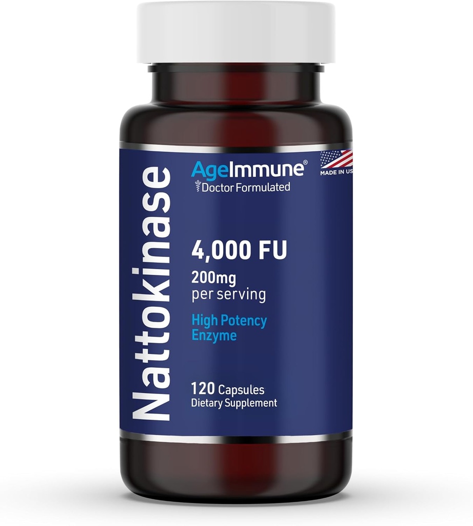 AgeImmune Nattokinase Supplement 4000 FU 200mg - Enzyme - Cardiovascular Support 120 Capsules -Derived from Japanese Natto - Made in The USA Without Magnesium Stearate.