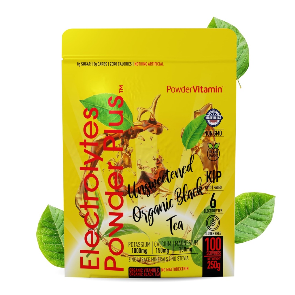 PowderVitamin Electrolytes Powder Plus (100 Servere) Usødede Black Tea Electrolyte Powder Keto, SugarFree, Pink Himalayan Salt, 1000mgKalium, 150mgCalcium, 150mgMagnesium, Hydration Powder NO STEVIA