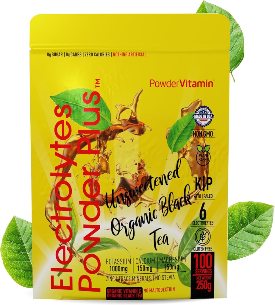 PowderVitamin Electrolytes Powder Plus (100 Servere) Usødede Black Tea Electrolyte Powder Keto, SugarFree, Pink Himalayan Salt, 1000mgKalium, 150mgCalcium, 150mgMagnesium, Hydration Powder NO STEVIA
