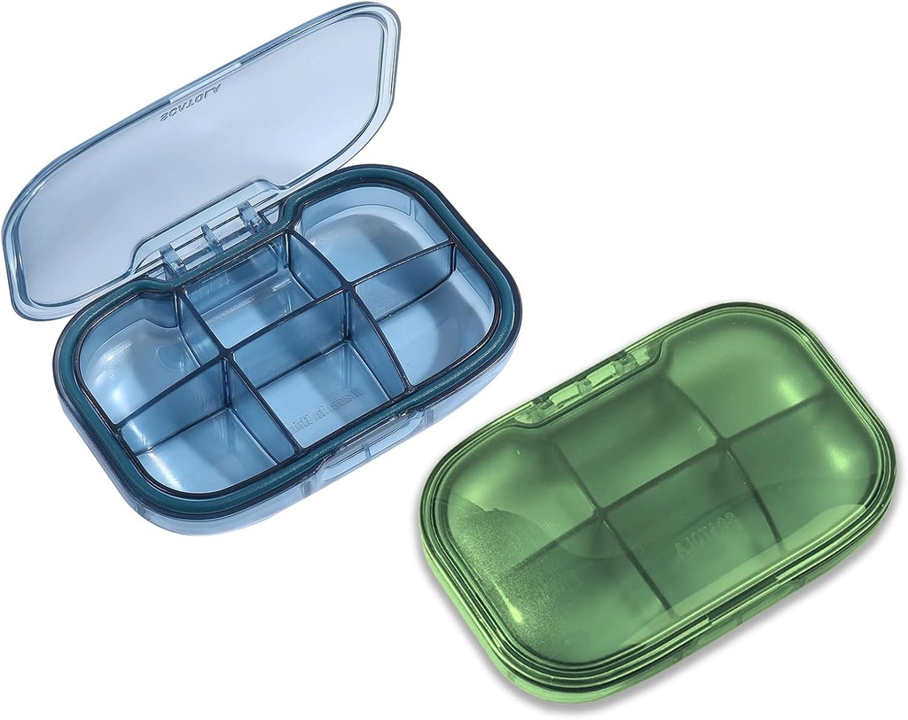2 Pack 6 Segment Pill Organizer, Fugt bevis sag for rejser, Daglig Portable Medicine Vitamin Container, Fish Oil og Supplement Storage (blå og grøn)