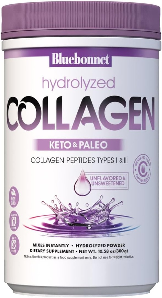 BlueBonnet Nutrition Hydrolyzed Collagen Powder, Understøtter hår, hud og negle *, Soy- Free, Gluten- Free, Non- GMO, Grass- fodret Køer, Pasture Raised, 10.58 oz, 25 Servere, Unflavored, Usødet