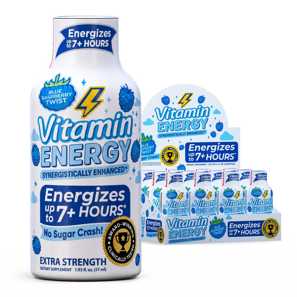 Vitamin Energy Immunum + ekstra styrke Energy Shot Blue Raspberry 12 Pack, 260mg Naturlig Koffein, B- Vitaminer, Citicolin, Green Tea, Immunitet & Focus Support, Zero Sugar, Gluten- Free 1,93 fl oz