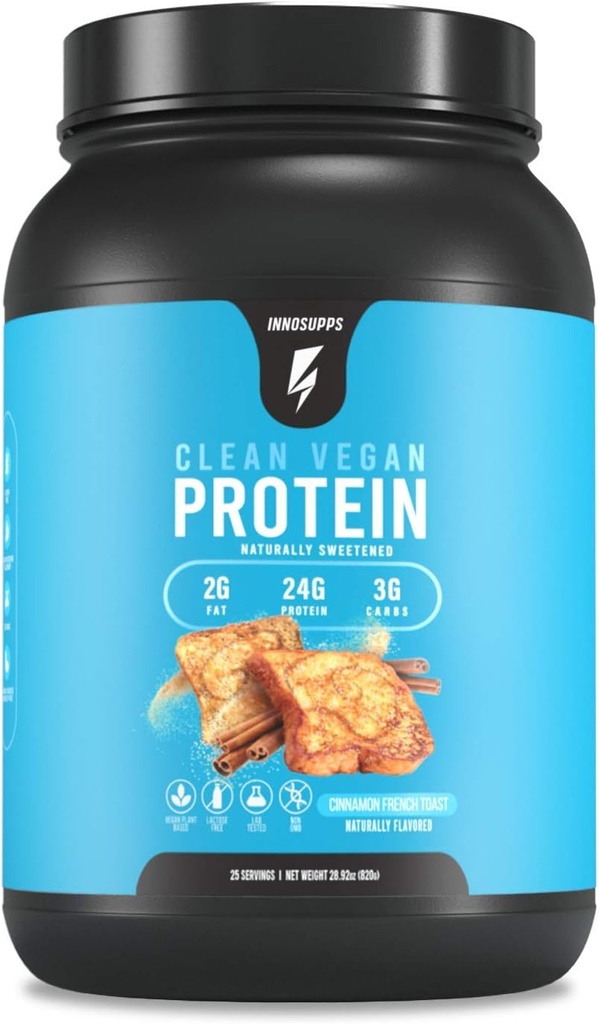 InnoSupps Clean Vegan Protein - Plant baseret, Vegan, Natural, Ingen kunstige sødestoffer, Ingen Gluten, Ingen Dairy. Lactose fri, lave kulhydrater, lav fedt, ingen sukker tilsat, soja fri, ikke-GMO (kanel fransk toast)