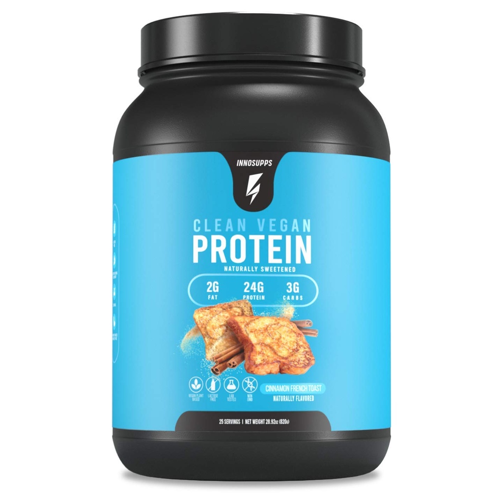 InnoSupps Clean Vegan Protein - Plant baseret, Vegan, Natural, Ingen kunstige sødestoffer, Ingen Gluten, Ingen Dairy. Lactose fri, lave kulhydrater, lav fedt, ingen sukker tilsat, soja fri, ikke-GMO (kanel fransk toast)