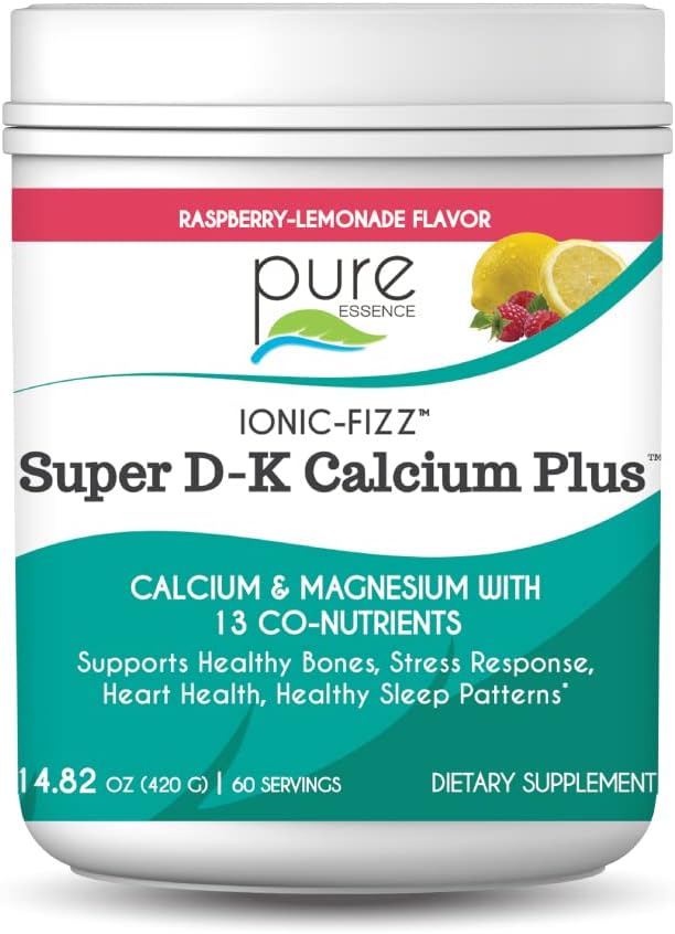 Ionic Fizz Super D- K Calcium Plus af Pure Essence - med Extra Magnesium, D3-vitamin, K2-vitamin til stærke ben og stress support - Raspberry Lemonade - 14.82oz