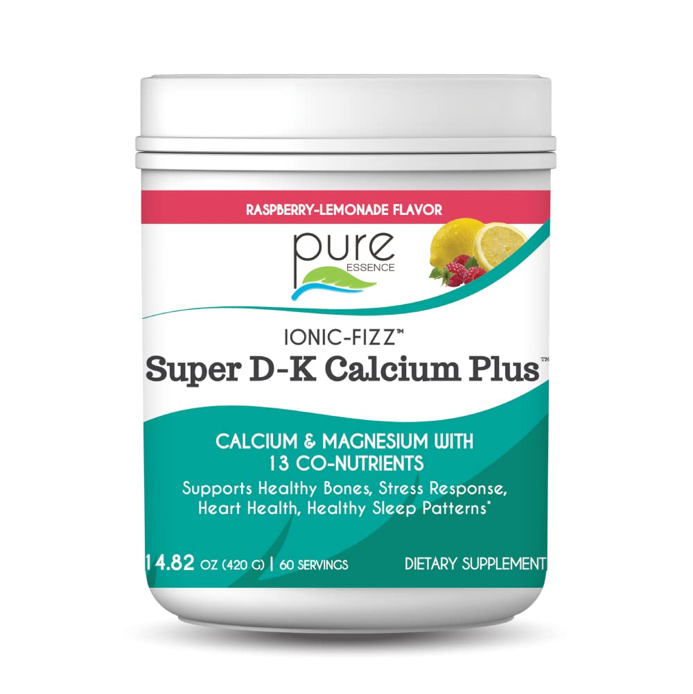 Ionic Fizz Super D- K Calcium Plus af Pure Essence - med Extra Magnesium, D3-vitamin, K2-vitamin til stærke ben og stress support - Raspberry Lemonade - 14.82oz