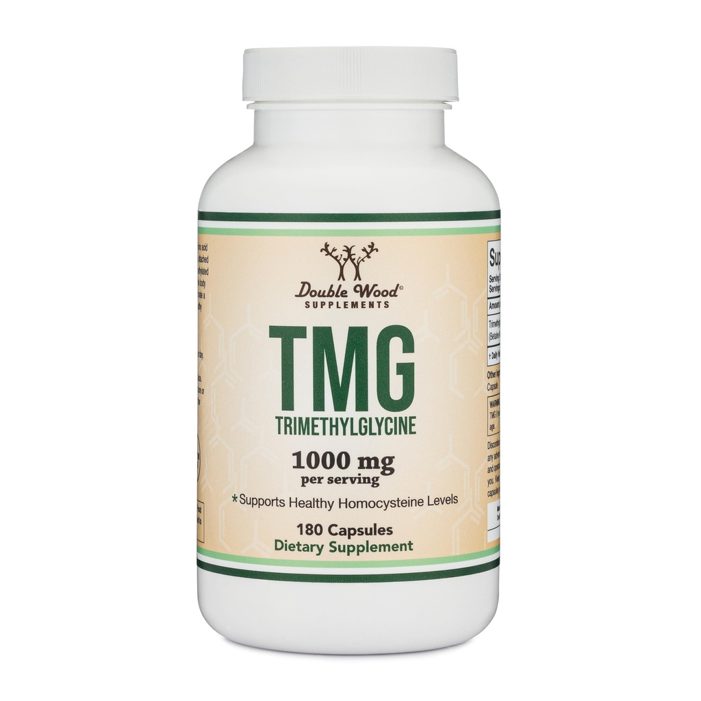 Dobbelt Wood Kosttilskud TMG Trimethylglycin Supplement 1.000mg per servering, 180 Kapsler (TMG Kosttilskud til homocystein kontrol) Ægte TMG med Fishy Duft, Gluten Free, Non- GMO