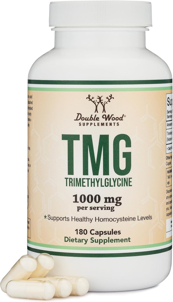 Dobbelt Wood Kosttilskud TMG Trimethylglycin Supplement 1.000mg per servering, 180 Kapsler (TMG Kosttilskud til homocystein kontrol) Ægte TMG med Fishy Duft, Gluten Free, Non- GMO