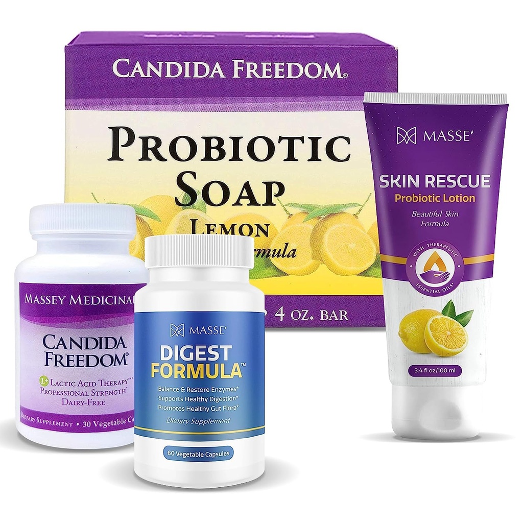 MASSE 'Kosttilskud til korrekt fordampning - Probiotisk balance & gendannelse Formel - Probiotisk Lemon Kropsæbe og Skin Rescue Probiotisk Lotion