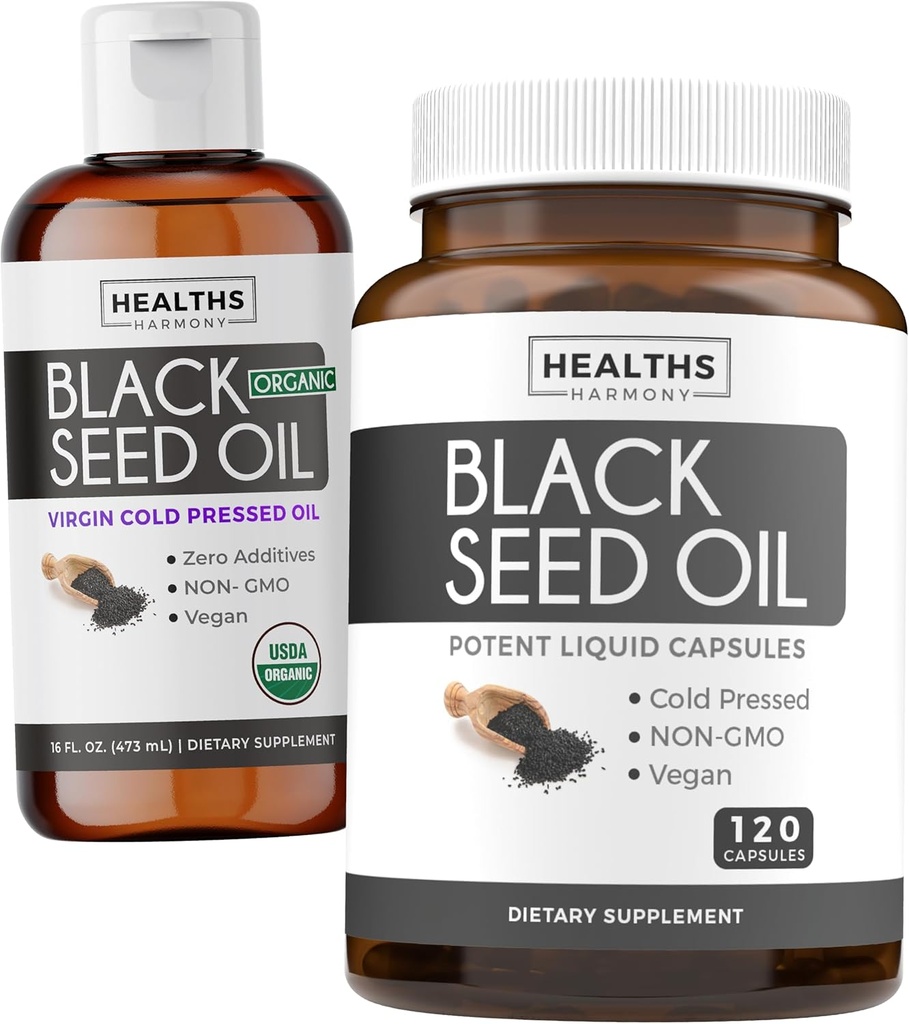 Black Seed Oil Liquid & Soft- Gels (2-måned Tilgang) Black Seed Oil Liquid & Capsule Combo (16fl.oz & 120 Soft- Gel Kapsler) 100% Premium Cold- Pressed Nigella Sativa Black Cumin Seed Oil (non-GMO)