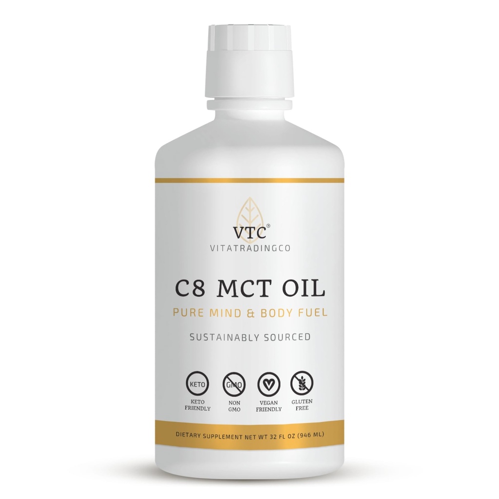 VTC VitaTradingCo. 100% Pure C8 MCT Oil ekskl. GMO, Paleo, Keto, 124; 32oz, 64 Servere (Unflavored)