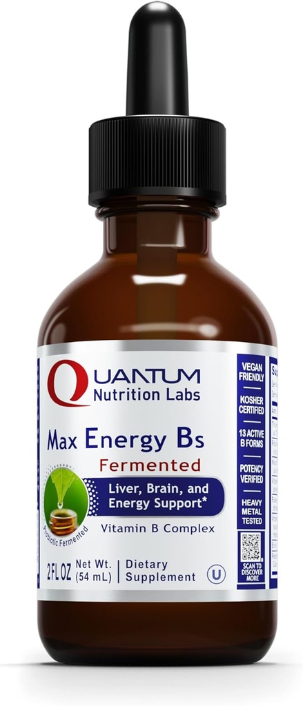 Quantum Nutrition Labs Max Energy B - Vitamin B Complex Liquid Drops, Organic Vitamin B supplement til kvinder og mænd, Vitamin B1, B2, B3, B5, B6, B12 - 2 Fl Oz