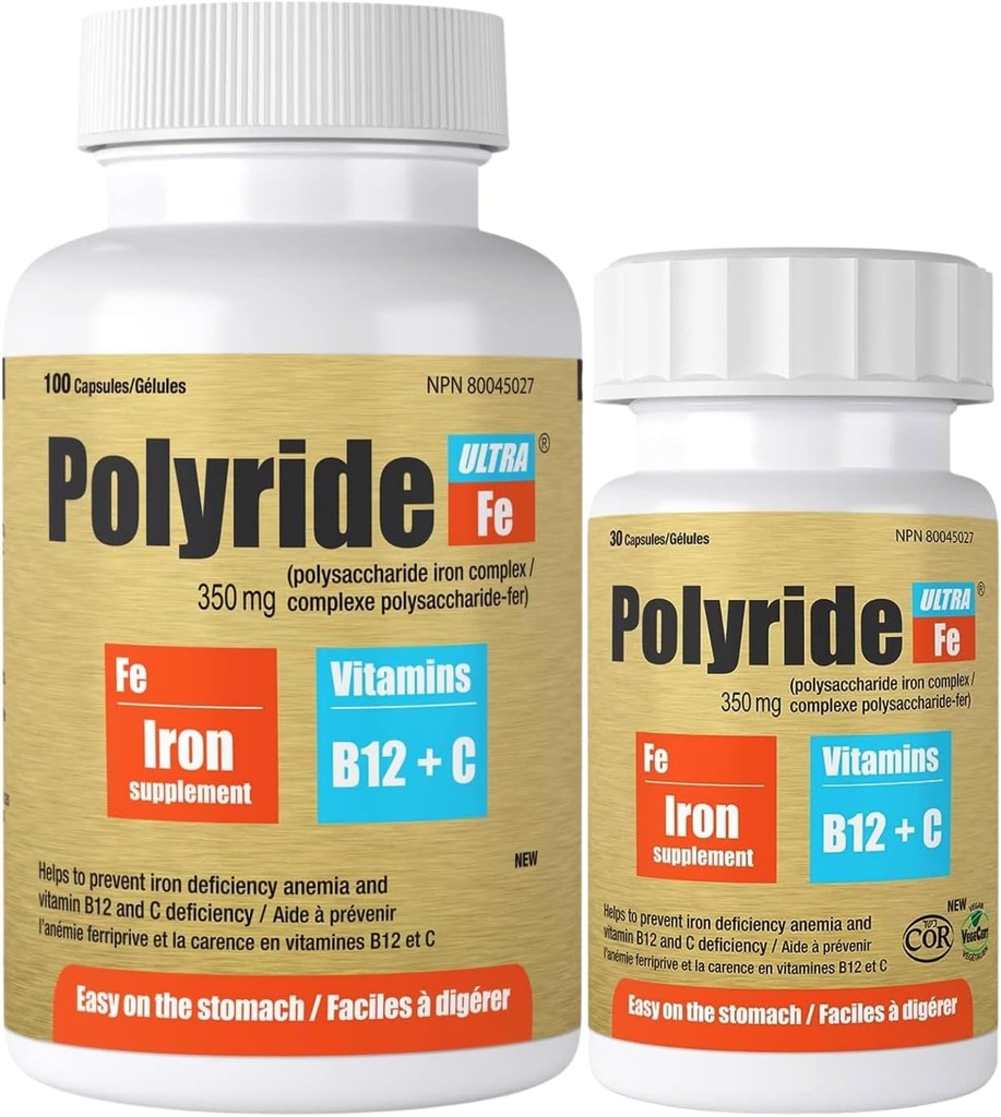 Ultra Polysaccharid Iron Supplement Complex 350 Mg - Energistøtte med jern - behandle jernmangel anæmi - 125 mg C-vitamin og 1000 mcg vitamin B12 - 30 kapsler