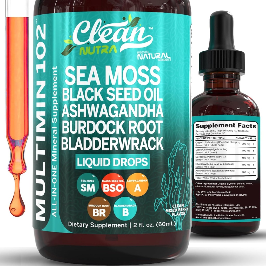 Clean Nutra Organic Sea Moss Drops Supplemented 124; Black Seed Oil Irish Seamoss Ashwagandha Burdock Root & Bladderwrack - Multimineral Liquid Vegan til Gut Heath Energy Skin immunforsvar & Hår