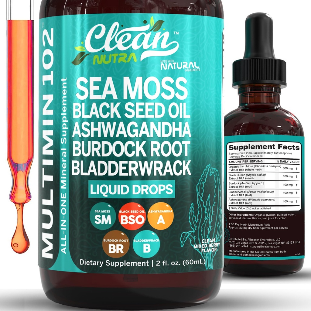 Clean Nutra Organic Sea Moss Drops Supplemented 124; Black Seed Oil Irish Seamoss Ashwagandha Burdock Root & Bladderwrack - Multimineral Liquid Vegan til Gut Heath Energy Skin immunforsvar & Hår