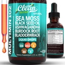 Clean Nutra Organic Sea Moss Drops Supplemented 124; Black Seed Oil Irish Seamoss Ashwagandha Burdock Root & Bladderwrack - Multimineral Liquid Vegan til Gut Heath Energy Skin immunforsvar & Hår