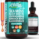 Clean Nutra Organic Sea Moss Drops Supplemented 124; Black Seed Oil Irish Seamoss Ashwagandha Burdock Root & Bladderwrack - Multimineral Liquid Vegan til Gut Heath Energy Skin immunforsvar & Hår