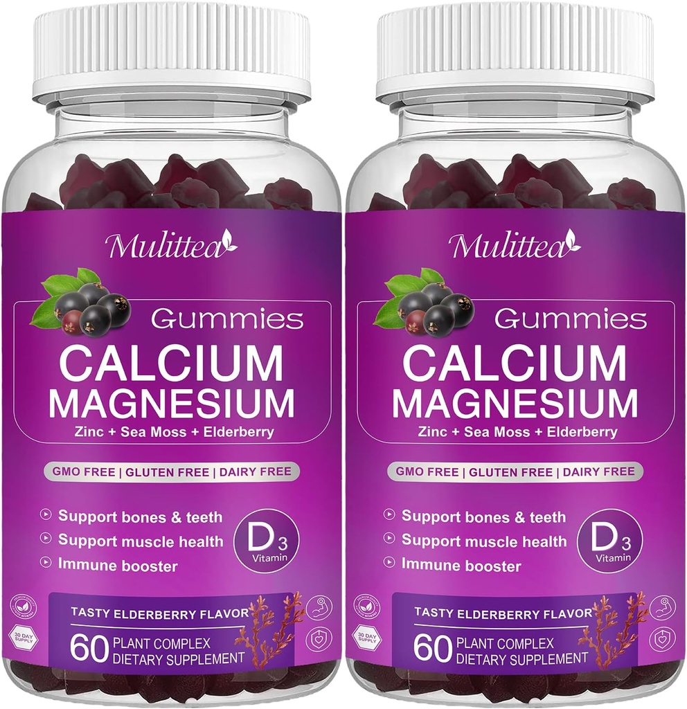 Calcium Magnesium Zink Gummier med høj absorption Magnesium Glycinat 200mg, Kalium - Plant Calcium Supplement w / D3 & Sea Moss for Ben, Muskler, Calm Mood & Sleep Support - Børn & voksne (2 Pack)