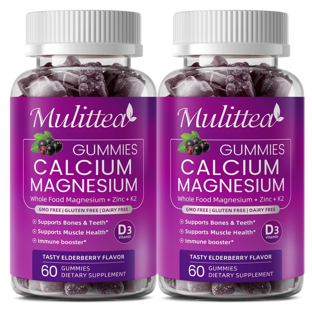 Calcium Magnesium Zink Gummier med høj absorption Magnesium Glycinat 200mg, Kalium - Plant Calcium Supplement w / D3 & Sea Moss for Ben, Muskler, Calm Mood & Sleep Support - Børn & voksne (2 Pack)
