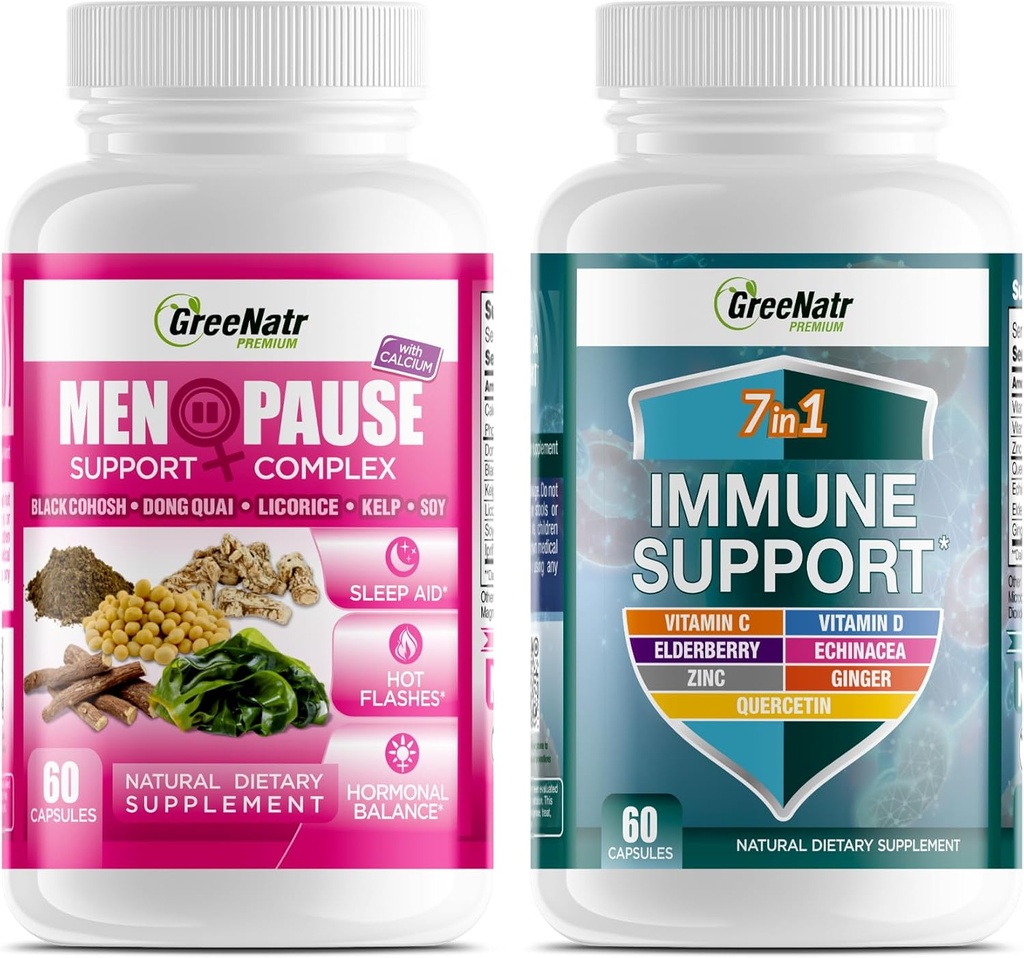 GreeNatr Herbal Menopause Support Complex for Hot Flashs, Night Sweats, Mood Swings Relief Plus vores 7 i 1 immunforsvar med Quercetin, Echinacea, Sambucus Elderberry, og Ginger