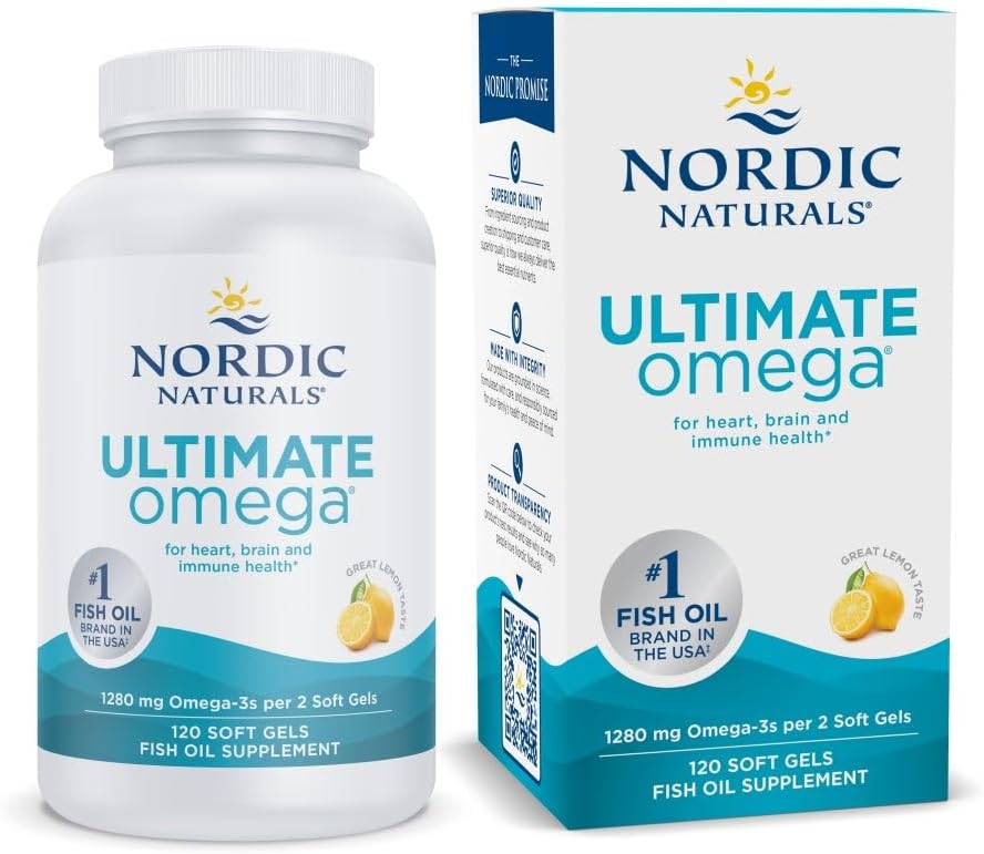 Nordic Naturals Ultimate Omega, Lemon Flavor - 120 Soft Gels - 1280 mg Omega-3 - Højpotens Fish Oil tillæg med EPA & DHA - fremmer hjerne & hjerte sundhed - non-GMO - 60 Serveringer