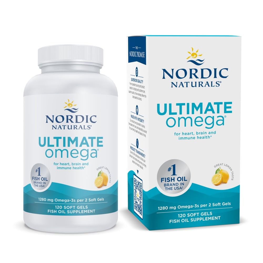 Nordic Naturals Ultimate Omega, Lemon Flavor - 120 Soft Gels - 1280 mg Omega-3 - Højpotens Fish Oil tillæg med EPA & DHA - fremmer hjerne & hjerte sundhed - non-GMO - 60 Serveringer